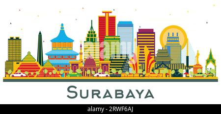 Skyline di Surabaya Indonesia con edifici colorati isolati su bianco. Illustrazione vettoriale. Business Travel and Tourism Concept con architettura moderna. Illustrazione Vettoriale