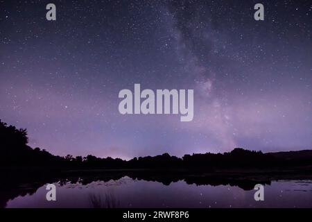 La Via Lattea visto oltre Burton Mill Pond, South Downs National Park, Petworth, Sussex, Regno Unito. Agosto. Notte. Foto Stock