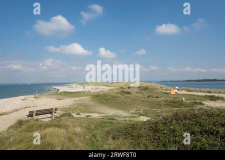 Vista delle dune di sabbia peninsulari di East Head, vista a nord del porto di Chichester dall'estremità della spiaggia a Wittering, West Sussex, marea. Settembre Foto Stock