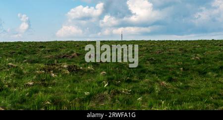 I prati hanno coperto il buco di Vysoka con una torre di comunicazione sulla collina Praded sullo sfondo delle montagne Jeseniky nella repubblica Ceca durante una bella giornata Foto Stock