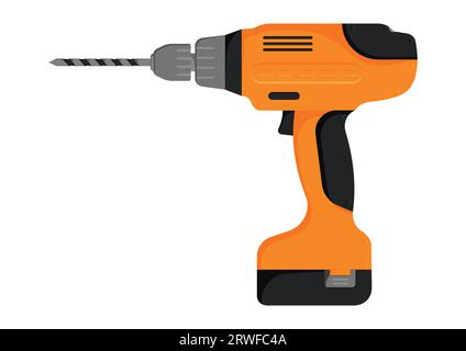 Trapano manuale elettrico piatto. Illustrazione vettoriale del cacciavite elettrico su sfondo bianco Illustrazione Vettoriale