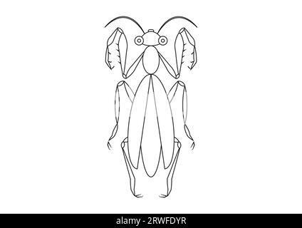 Bianco e nero in preghiera Mantis Clipart. Pagina colorante di una Grasshopper Illustrazione Vettoriale