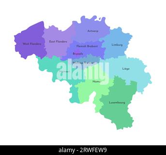 Illustrazione vettoriale isolata della mappa amministrativa semplificata del Belgio. Confini e nomi delle regioni. Silhouette multicolore. Illustrazione Vettoriale