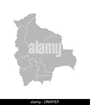 Illustrazione vettoriale isolata della mappa amministrativa semplificata della Bolivia. Confini dei dipartimenti (regioni). Silhouette grigie. Contorno bianco. Illustrazione Vettoriale