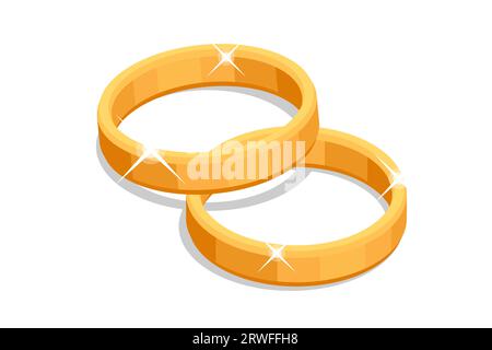 Anelli nuziali isometrici in oro isolati su bianco. Sposo, sposa, amore e matrimonio Illustrazione Vettoriale