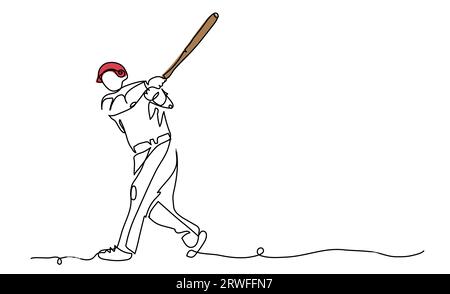 Il giocatore di baseball colpisce la palla con una mazza. Una linea continua di disegno di un colpo da baseball Illustrazione Vettoriale
