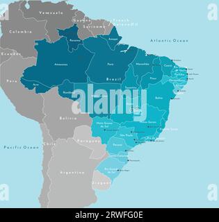 Illustrazione vettoriale moderna. Mappa geografica semplificata del Brasile e degli stati più vicini. Sfondo blu degli oceani. Nomi delle città brasiliane (Brasília, Illustrazione Vettoriale