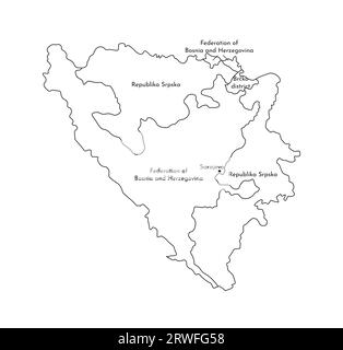 Illustrazione vettoriale isolata della mappa amministrativa semplificata della Bosnia-Erzegovina. Confini e nomi delle regioni. Silhouette nere. Illustrazione Vettoriale