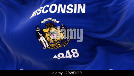 Primo piano della bandiera dello stato del Wisconsin che sventola nel vento. Bandiera blu con uno stemma centrale. rendering dell'illustrazione 3d. Tessuto ondulato. Backgroun testurizzato Foto Stock