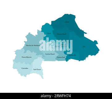 Illustrazione vettoriale isolata della mappa amministrativa semplificata del Burkina Faso. Confini e nomi delle regioni. Sagome kaki blu colorato Illustrazione Vettoriale