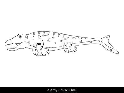 Mosasaurus bianco e nero dinosauro Cartoon personaggio Vector. Pagina colorante di un dinosauro Mosasaurus Illustrazione Vettoriale