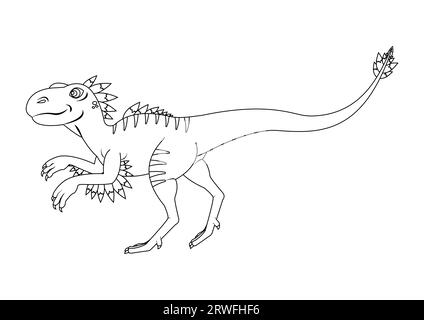 Vector personaggio Cartoon dei dinosauri Velociraptor in bianco e nero. Colorazione pagina di un dinosauro Velociraptor Illustrazione Vettoriale