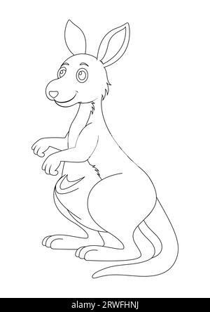 Vettore personaggio Cartoon Kangaroo bianco e nero. Colorazione della pagina di un canguro Illustrazione Vettoriale