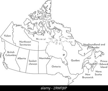 Illustrazione vettoriale isolata della mappa amministrativa semplificata del Canada. Confini e nomi delle regioni. Silhouette nere. Illustrazione Vettoriale