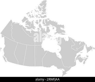 Illustrazione vettoriale isolata della mappa amministrativa semplificata del Canada. Confini delle province (regioni). Silhouette grigie. Contorno bianco. Illustrazione Vettoriale