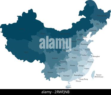 Illustrazione vettoriale isolata della mappa amministrativa semplificata della Cina. Confini e nomi delle regioni. Sagome kaki blu colorato. Illustrazione Vettoriale