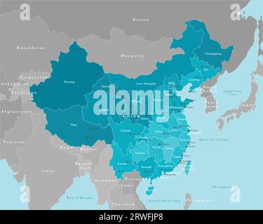 Illustrazione vettoriale moderna. Mappa geografica semplificata della Cina e degli stati più vicini del continente. Sfondo blu dei mari. Nomi delle città (Beiji Illustrazione Vettoriale