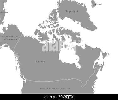 Illustrazione vettoriale moderna. Mappa geografica grigia semplificata isolata del Canada e delle aree più vicine. Sfondo bianco di mari e oceani Illustrazione Vettoriale