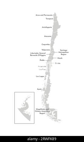 Illustrazione vettoriale isolata della mappa amministrativa semplificata del Cile. Confini e nomi delle regioni. Silhouette grigie. Contorno bianco Illustrazione Vettoriale