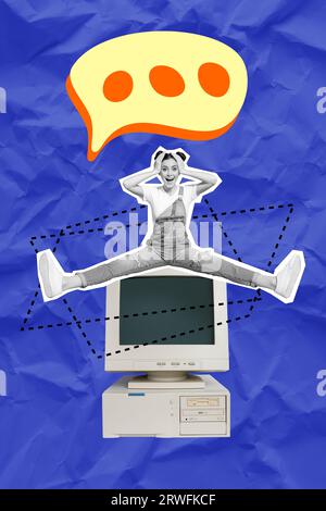 Collage creativo composizione di giovane ragazza mani confuse testa fissare ricevere messaggio Internet vecchio computer isolato su sfondo blu. Foto Stock