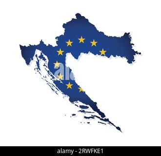 Illustrazione vettoriale con mappa isolata di membro dell'Unione europea - Croazia. Concetto croato decorato dalla bandiera dell'UE con stelle gialle su sfondo blu Illustrazione Vettoriale