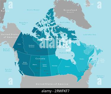 Illustrazione vettoriale moderna. Mappa geografica semplificata del Canada e delle aree più vicine. Sfondo blu di mari e oceani. Nomi delle città (Ottawa, Illustrazione Vettoriale