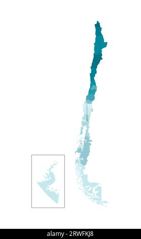 Illustrazione vettoriale isolata della mappa amministrativa semplificata del Cile. Confini delle regioni. Sagome kaki blu colorato. Illustrazione Vettoriale