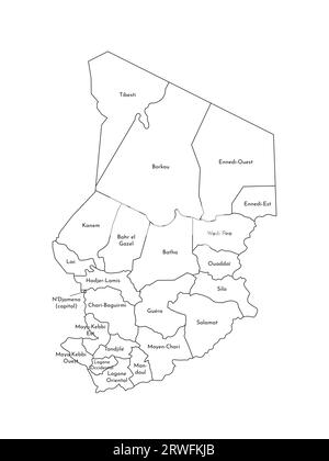 Illustrazione vettoriale isolata della mappa amministrativa semplificata del Ciad. Confini e nomi delle regioni. Silhouette nere. Illustrazione Vettoriale