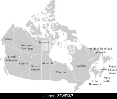 Illustrazione vettoriale isolata della mappa amministrativa semplificata del Canada. Confini e nomi delle province (regioni). Silhouette grigie. Contorno bianco Illustrazione Vettoriale