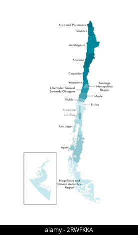 Illustrazione vettoriale isolata della mappa amministrativa semplificata del Cile. Confini e nomi delle regioni. Sagome kaki blu colorato Illustrazione Vettoriale