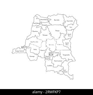 Illustrazione vettoriale isolata della mappa amministrativa semplificata della Repubblica Democratica del Congo. Confini e nomi delle province (regioni). Nero Illustrazione Vettoriale