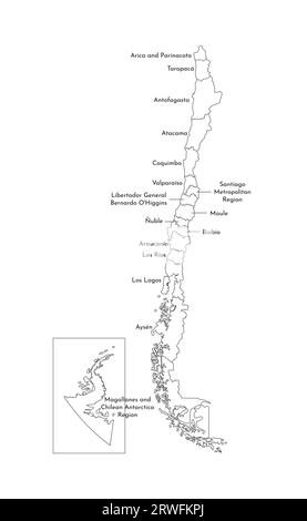 Illustrazione vettoriale isolata della mappa amministrativa semplificata del Cile. Confini e nomi delle regioni. Silhouette nere. Illustrazione Vettoriale