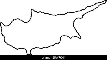 Icona a figura semplificata isolata con linea nera della mappa di Cipro. Sfondo bianco Illustrazione Vettoriale