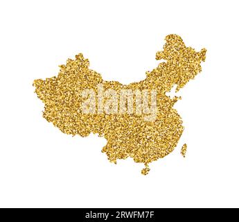 Illustrazione vettoriale isolata con mappa semplificata della Cina. Decorato con una texture glitter dorata brillante. Decorazione di benvenuto per Capodanno e Natale Illustrazione Vettoriale