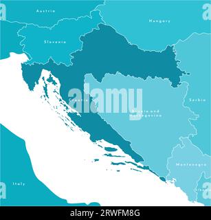 Illustrazione vettoriale moderna. Mappa europea semplificata con la Croazia al centro e ai confini con i paesi limitrofi (Slovenia, Ungheria, Serbia, Monten Illustrazione Vettoriale