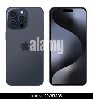 Nuovo smartphone iPhone 15 Pro Blue Titanium. Vista anteriore e posteriore dello schermo mockup. Vettore editoriale Illustrazione Vettoriale