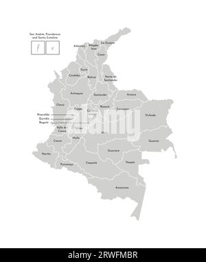 Illustrazione vettoriale isolata della mappa amministrativa semplificata della Colombia. Confini e nomi dei dipartimenti (regioni). Silhouette grigie. Bianco fuori Illustrazione Vettoriale