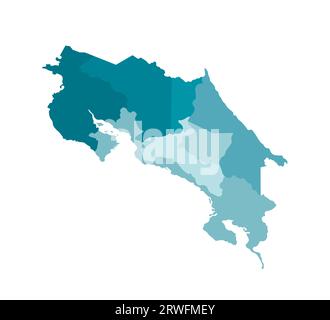 Illustrazione vettoriale isolata della mappa amministrativa semplificata della Costa Rica. Confini delle province (regioni). Sagome kaki blu colorato. Illustrazione Vettoriale