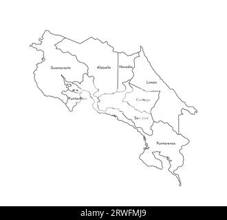 Illustrazione vettoriale isolata della mappa amministrativa semplificata della Costa Rica. Confini e nomi delle province (regioni). Silhouette nere. Illustrazione Vettoriale