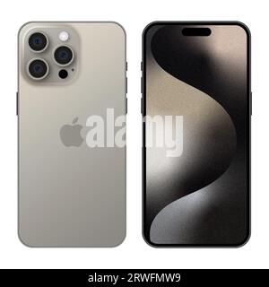 Nuovo smartphone iPhone 15 Pro Natural Titanium. Vista anteriore e posteriore dello schermo mockup. Vettore editoriale Illustrazione Vettoriale