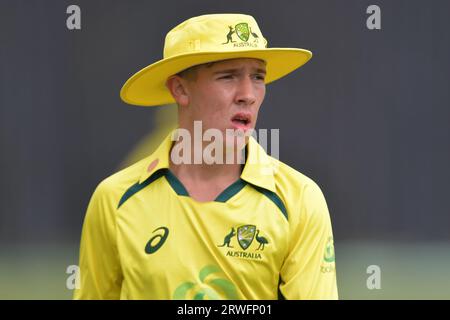 Beckenham, Inghilterra. 28 agosto 2023. Cameron Frendo dell'Australia U19 durante la Youth One Day International contro l'Inghilterra U19 Foto Stock