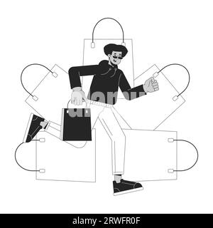 Personaggio cartoni animati in 2D in bianco e nero per lo shopper delle festività del Cyber monday Illustrazione Vettoriale