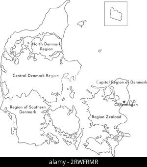 Illustrazione vettoriale isolata della mappa amministrativa semplificata della Danimarca. Confini e nomi delle regioni. Silhouette nere Illustrazione Vettoriale