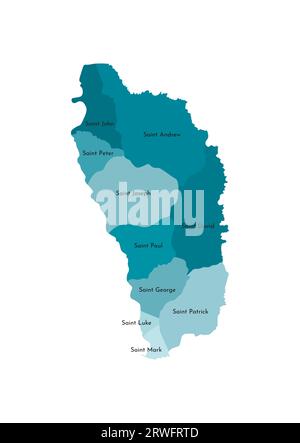 Illustrazione vettoriale isolata della mappa amministrativa semplificata di Dominica. Confini e nomi delle parrocchie (regioni). Silhouette kaki blu colorata Illustrazione Vettoriale