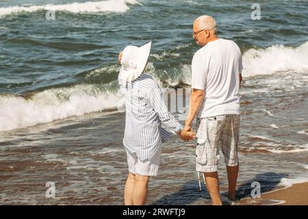 Ritratto di una coppia anziana che si guarda. Onde marine sullo sfondo. Foto Stock