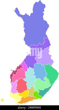 Mappa semplificata isolata vettoriale colorata delle regioni della Finlandia. Confini delle divisioni amministrative. Sfondo bianco Illustrazione Vettoriale