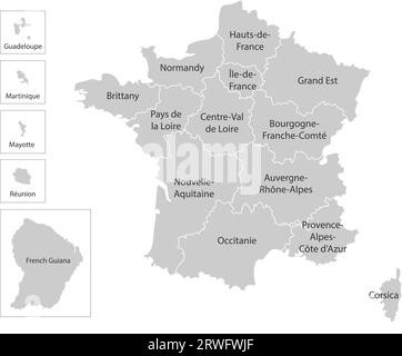 Illustrazione vettoriale isolata della mappa amministrativa semplificata della Francia. Confini e nomi delle regioni. Silhouette grigie, contorno bianco Illustrazione Vettoriale