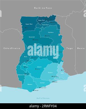 Illustrazione vettoriale moderna. Mappa amministrativa semplificata del Ghana e confina con i paesi limitrofi. Sfondo blu del Golfo di Guinea. Nomi Illustrazione Vettoriale