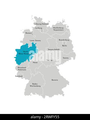 Illustrazione vettoriale isolata della mappa amministrativa semplificata della Germania. Silhouette blu della Renania settentrionale-Vestfalia (stato). Silhouette grigie. Bianco o Illustrazione Vettoriale