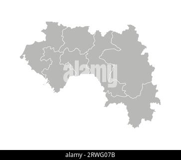 Illustrazione vettoriale isolata della mappa amministrativa semplificata della Guinea. Confini delle regioni. Silhouette grigie. Contorno bianco. Illustrazione Vettoriale